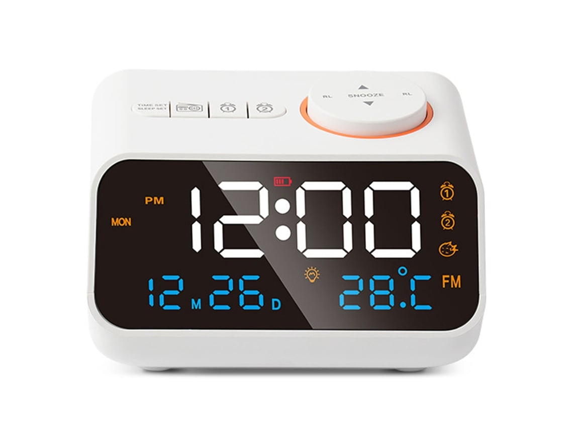 Reloj despertador Baok-reloj con radio FM, multifuncional, LED, programable, recargable, para uso doméstico, blanco.