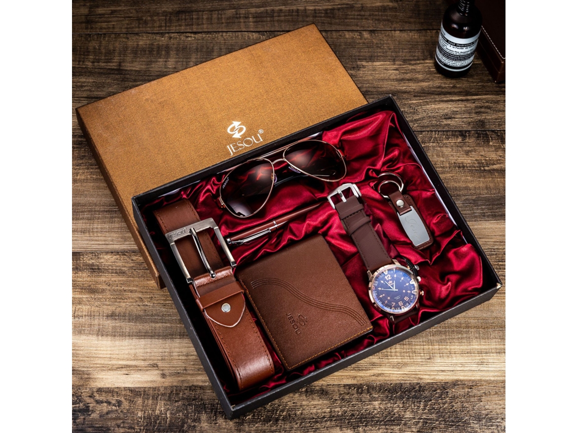 Elegante Empaque De Regalo Para Hombres: Reloj, Bolígrafo, Billetera, Gafas De Sol, Llavero, Marrón