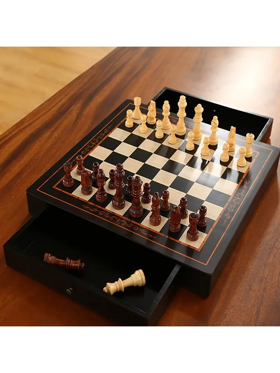 Tabuleiro De Xadrez De Madeira Maciça De Alta Qualidade (24 Cm / 9,45 Polegadas), Com Gaveta.