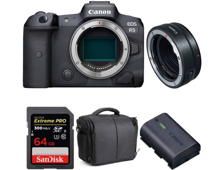 Kit Cámara CANON EOS R5 EF-EOS R + SanDisk 64 GB + Batería + Bolsa (Full-Frame)