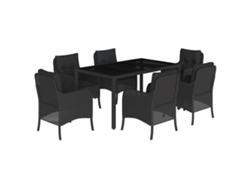 Juego de 7 piezas de comedor de jardín con cojines de mimbre, color negro, EXCLUSIVA DE LA CASA