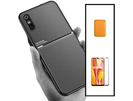 Kit Funda Magnetic Lux , Magnetic Wallet Naranja y 5D Full Cover Xiaomi Redmi 9A Sport PHONECARE Negro
