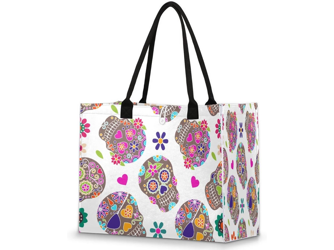Bolso Mano Grande Colorido Tropicallife Estampado Calaveras Flores Para Mujeres Niñas Bolso Hombro Compras