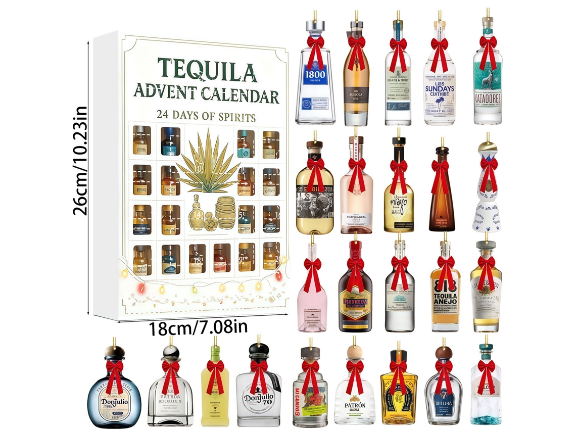 Caja sorpresa navideña con calendario de Navidad, colgante de botella de tequila, caja sorpresa navideña plana