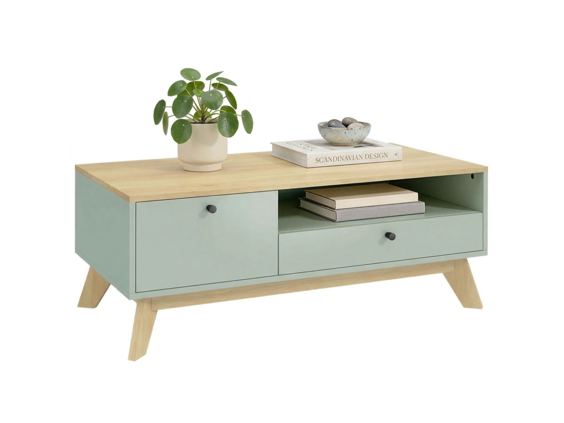 Mesa De Centro Para Salón, Mesa Auxiliar Rectangular Con Cajón, Puerta Y Compartimento Abierto, Verde Claro Y Roble.