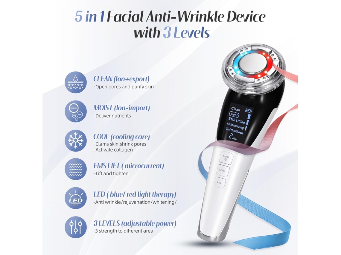 Dispositivo de belleza 5 en 1, luz roja y azul, ultrasónico, limpieza profunda en frío y caliente, lifting Facial, antienvejecimiento, blanco BISBISOUS