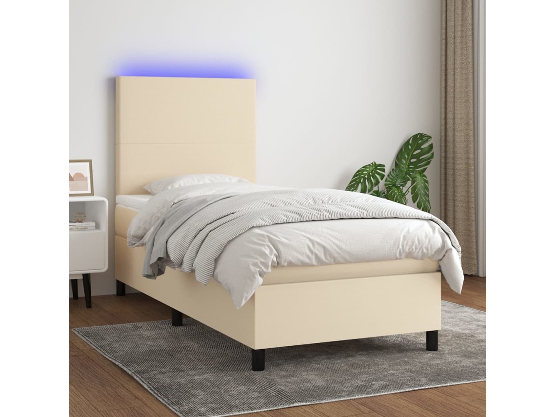Cama Box Spring Colchón Y Luces Led Tela Crema 80x200 Cm