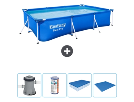 Piscina BESTWAY rectangular Steel Pro - 300 x 201 x 66 cm - Azul - Bomba incluida Filtrar - Cubrir - Suelo