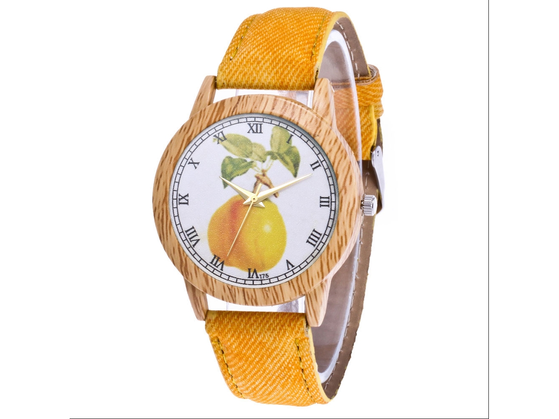 Reloj De Cuarzo Casual Con Correa De Denim, Diseño De Frutas Trendy, Amarillo