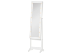 Espejo de pie organizador de joyas con 16 luces LED, ángulo ajustable, 36x30x136 cm, blanco cálido.
