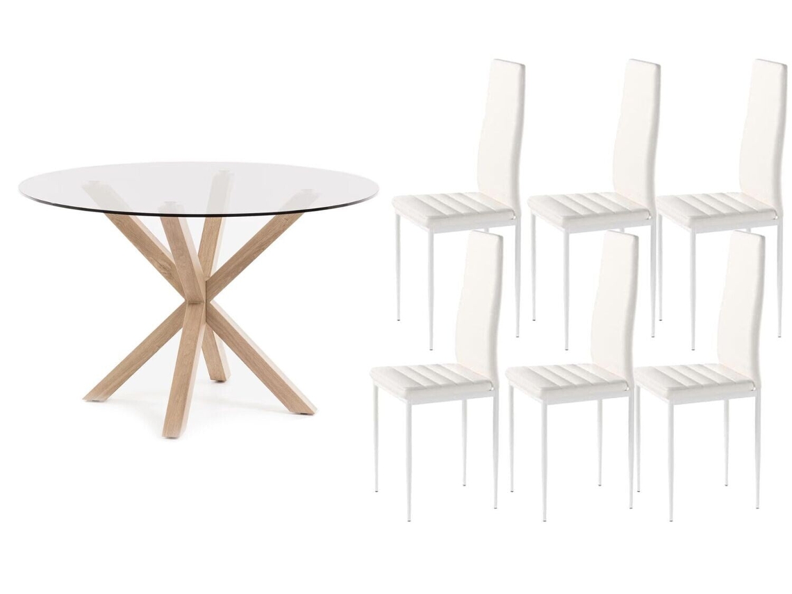 Pack Mesa Redonda de Cristal Templado 6 Sillas polipiel/metal Blanco 120x75 cm SALDOSYSTOCKS
