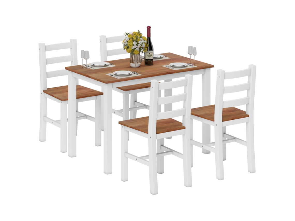 Juego De Mesa De Comedor Con 4 Sillas, De Madera De Pino, Marrón Y Blanco.