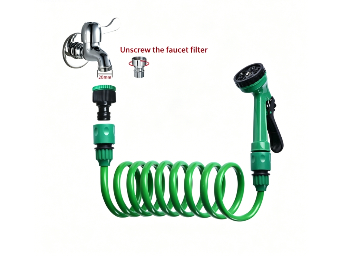 Kit De Manguera Espiral Verde + Pistola De Agua Multichorro, Para Riego Y Limpieza Del Hogar.