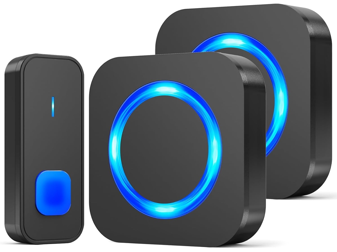 Timbre Negro Con Alcance De 400 M, 2 Receptores Enchufables, Resistente Al Agua, 55 Melodías/5 Niveles De Volumen, Pantalla Led.