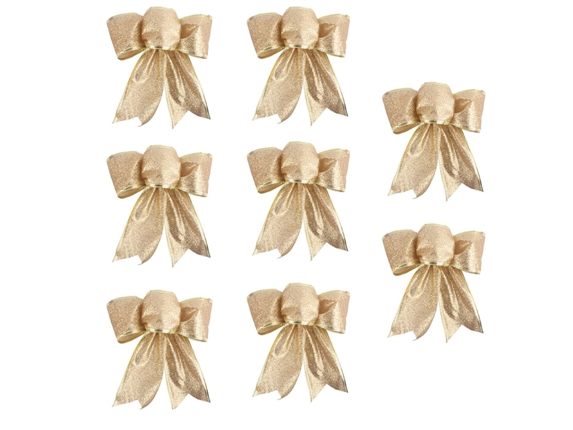Es Un Juego De 8 Coronas Navideñas Con Cintas Brillantes. Son Perfectas Para Decorar El Árbol De Navidad, Y Su Diseño Dorado Y Construcción