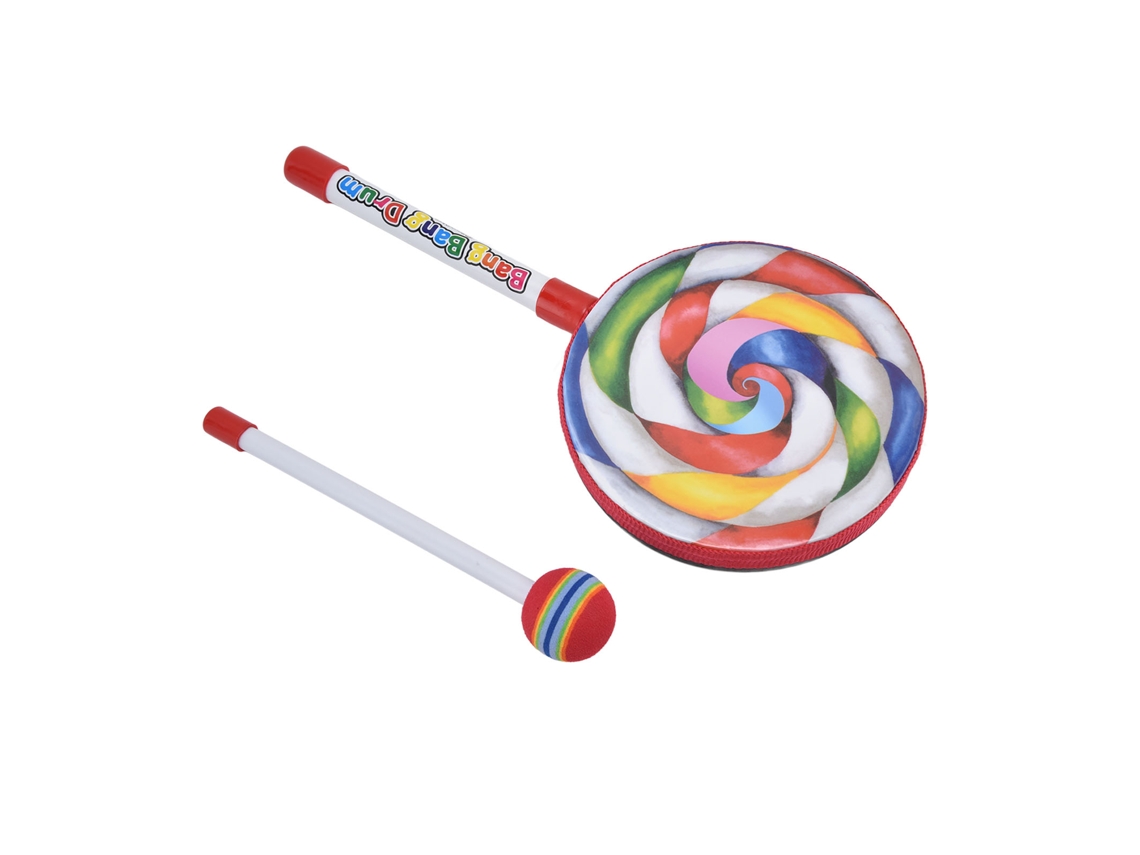 Tambor Infantil De Mano Con Marco De Madera, Diseño De Dibujos Animados Y Baqueta.