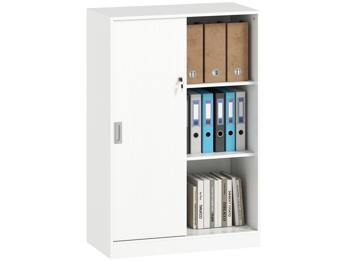 Armario De Oficina Blanco Con Puertas Correderas Y Estantes.