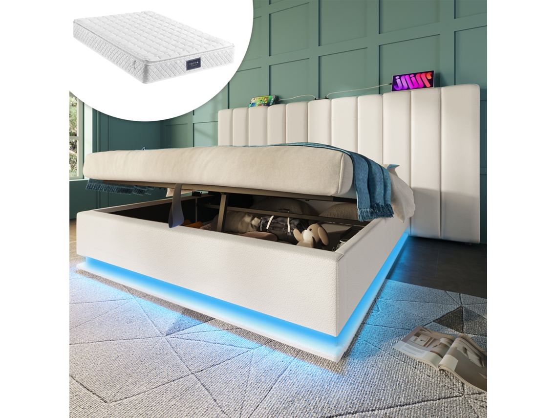 Cama Doble 160x200cm Lino, Led Con App, Carga Usb-c, Almacenamiento Hidráulico, Base De Lamas Incluida, Robusta 200kg, Blanca