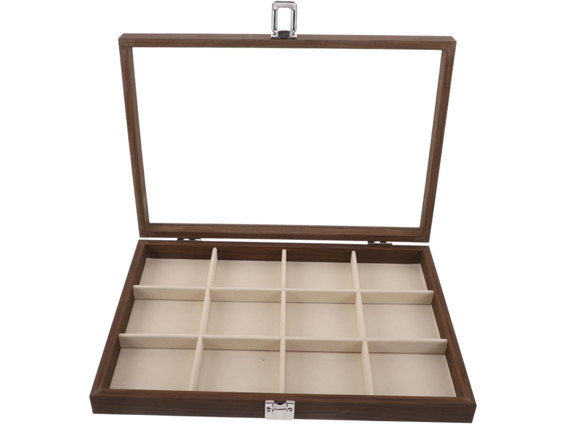 Caja Organizadora De Joyas De 12 Compartimentos Con Tapa De Cristal Y Separadores Para Anillos Y Collares.