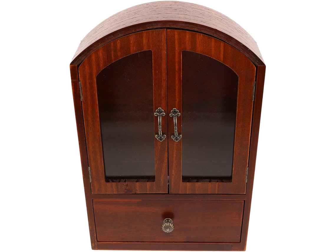 Organizador De Escritorio Retro De Madera Con 1 Cajón Y 2 Puertas De Cristal - Unidad De Almacenamiento Compacta