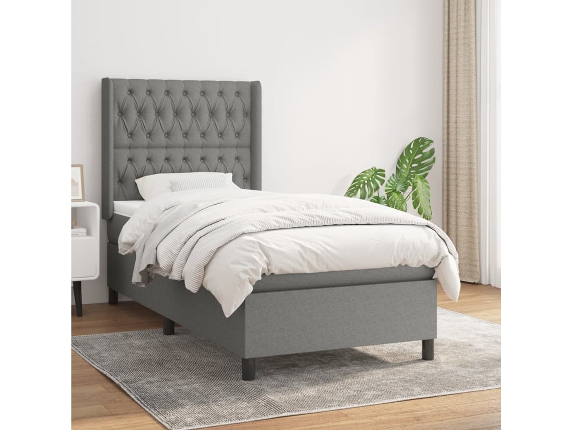 Cama Box Spring Con Colchón Tela Gris Oscuro 100x200 Cm