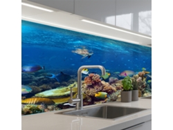 Paneles para salpicadero de cocina - Paisaje submarino - Peces - Tortuga - Azul 150x60 cm