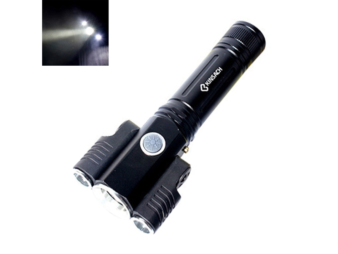Linterna LED T6xpe, recargable vía USB, con enfoque fijo y cuatro modos de iluminación.
