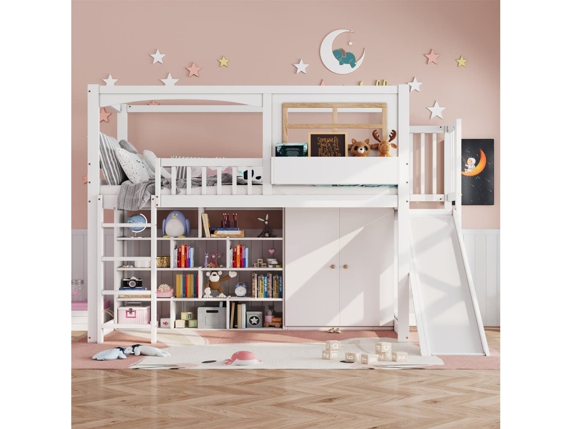 Cama Alta De Madera Y Mdf - 90x200 Cm - Con Estantes, Armario Y Tobogán - Blanco