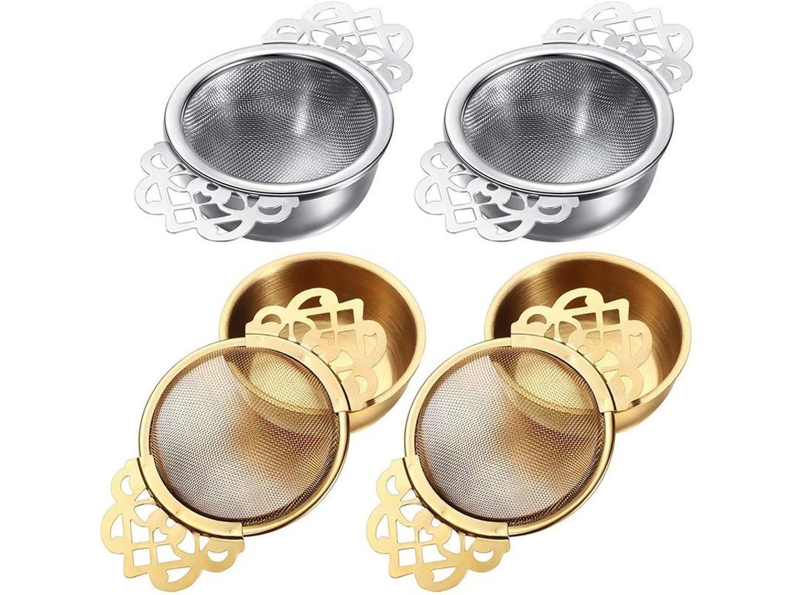 Infusor de té con placa antigoteo, infusor de té de acero inoxidable para té en hoja de plata y oro, 4 piezas.