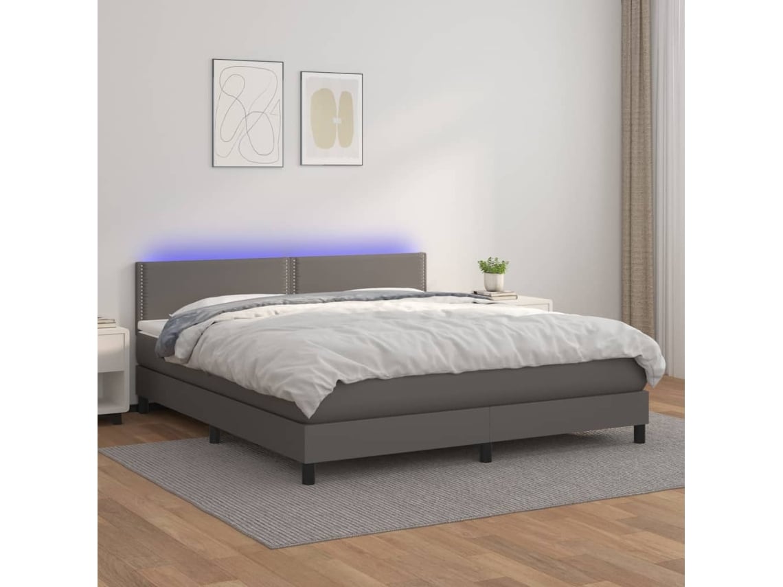 Cama Box Spring Colchón Y Led Cuero Sintético Gris 180x200 Cm