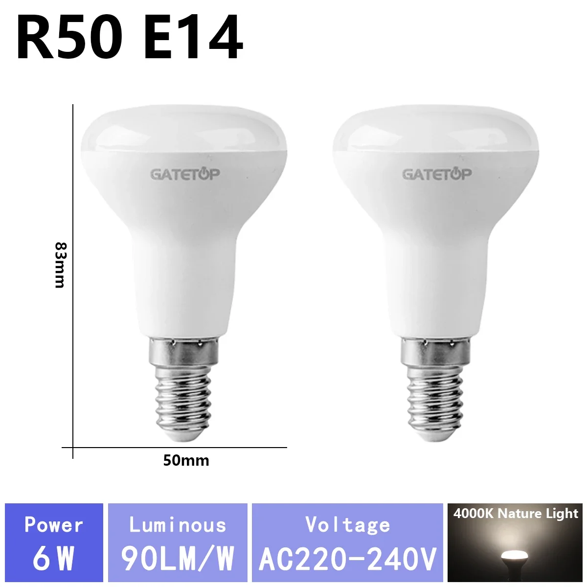(r50 4000k, Ac220v-240v) 2 Bombillas Led, Ac220v, Aptas Para Iluminación De Baño.