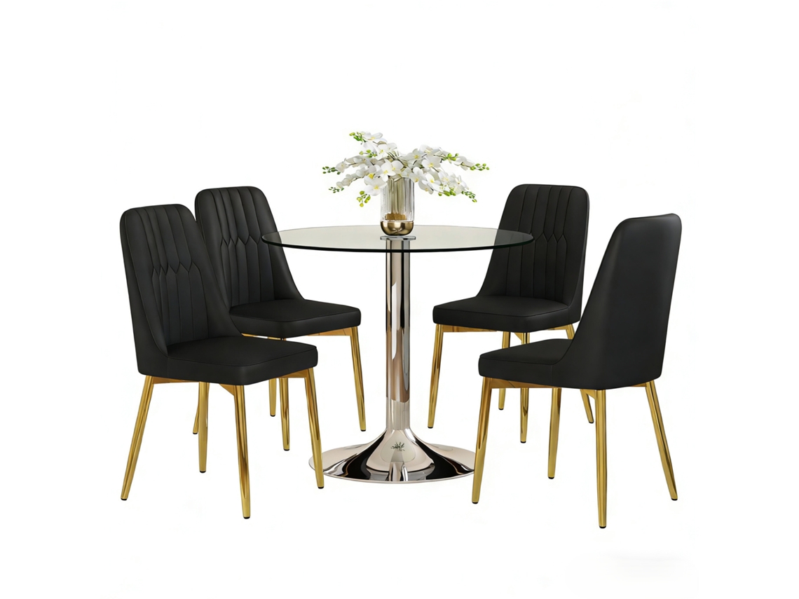 Conjunto Mesa Comedor 85 Cm - Vidrio Templado Y 4 Sillas Pu - Negro Y Dorado