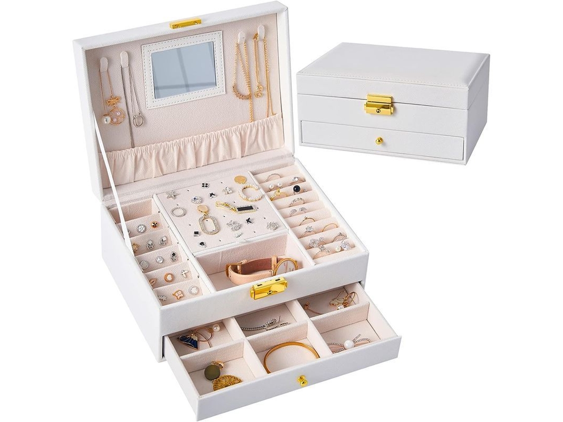 2026-48263-caja De Joyería De Cuero Pu De Doble Capa Linjou Para Viajes Con Cerradura Y Espejo Blanco