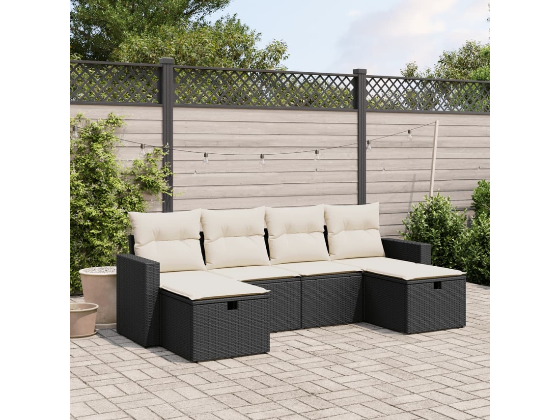Conjunto de sofá de jardín de 6 piezas con cojines, mimbre sintético negro, DKD Home Decor