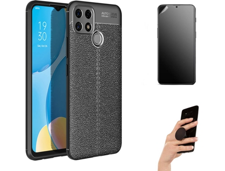 Kit Carcasa Y Protector Oppo A15 Ultimatte Rugged Leather Y Popsocket Negro