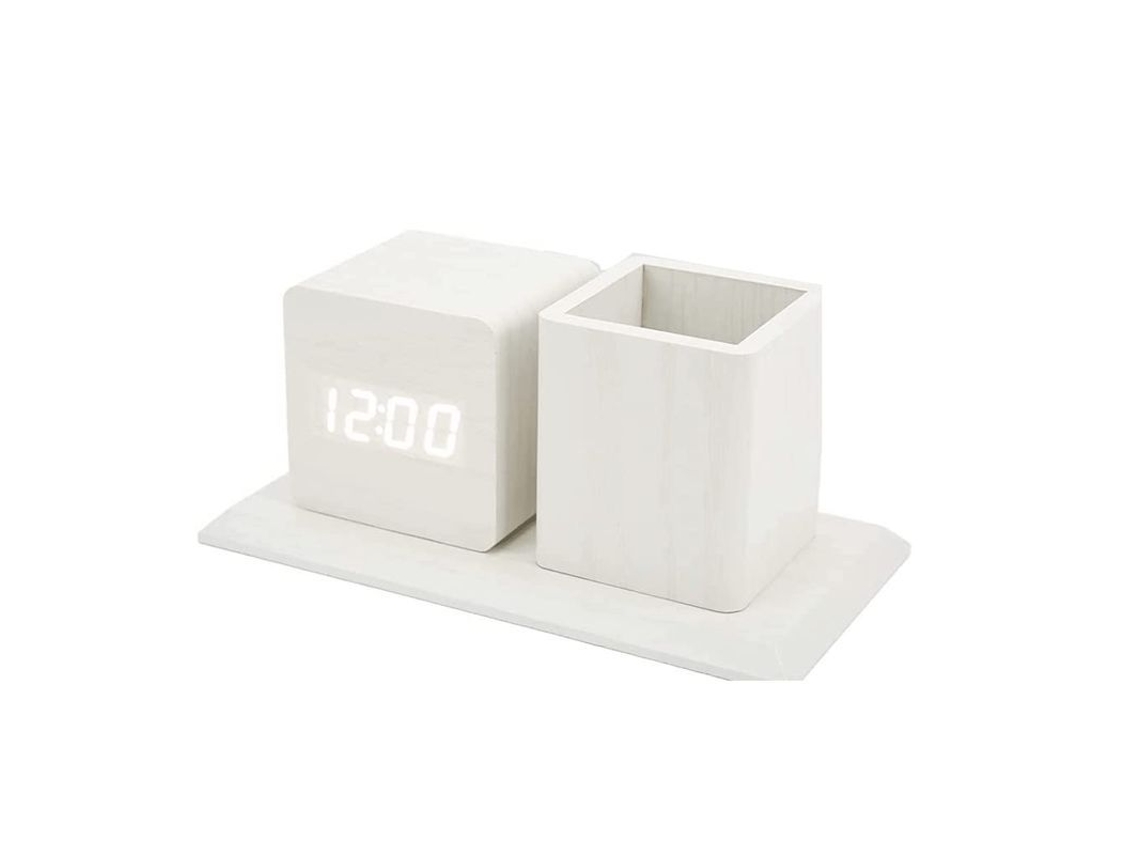 2026-reloj Despertador Led Creativo Con Porta Plumas De Madera Control De Voz Y Doble Alimentación