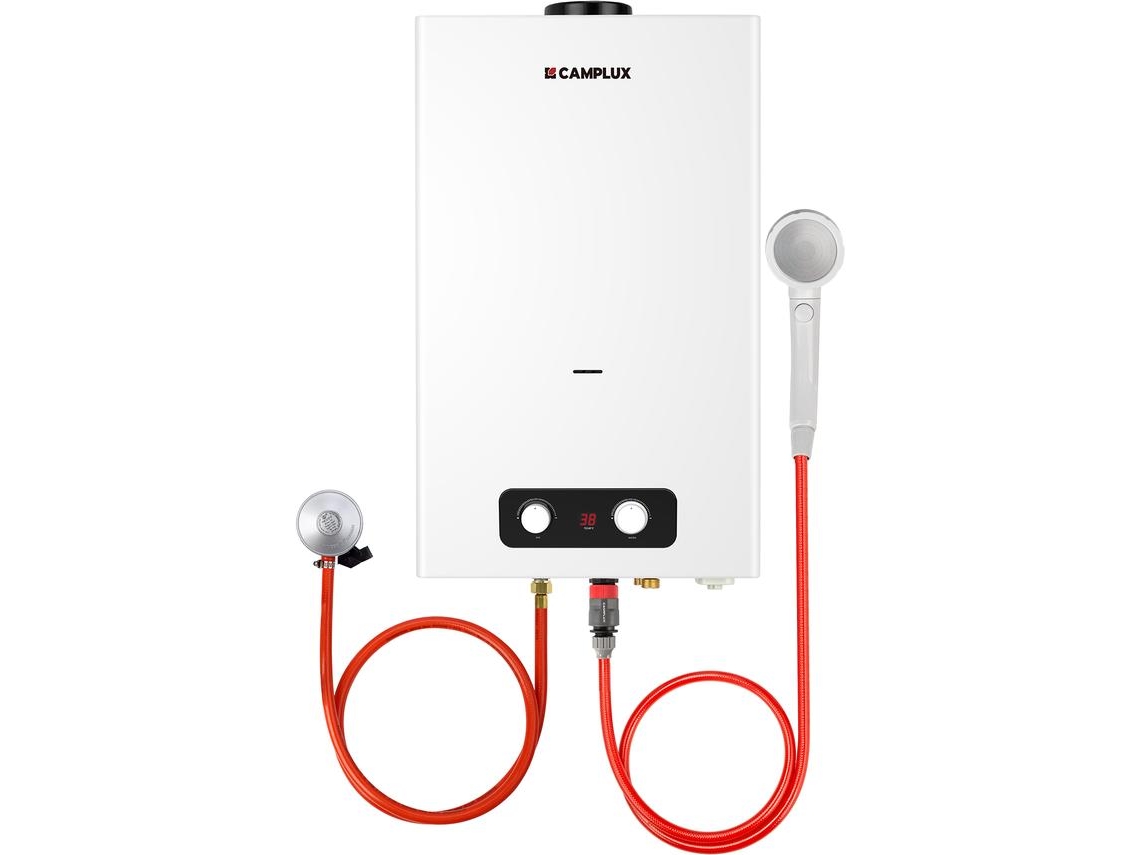 CAMPLUX BD422 16L Calentador de Agua a Gas, Propano (37mbar) /Butano (28-30mbar), para Uso en Camping/ Exteriores/ Jardín, 32kW