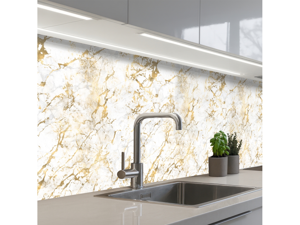 Salpicaderos De Cocina Salpicaduras Doradas - Blanco - Mármol 250x60 Cm
