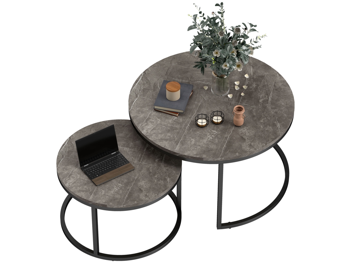 Juego De 2 Mesas De Centro Apilables, Diseño Industrial, Tablero Con Efecto Cemento, Patas De Metal Gris.