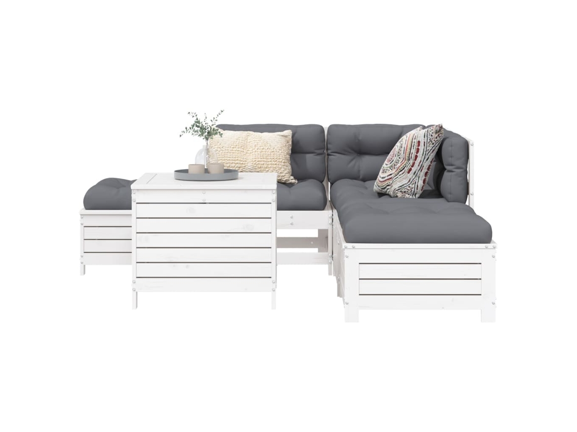 Conjunto de sofás de jardín de 6 piezas en madera maciza de pino, blanco, DKD Home Decor