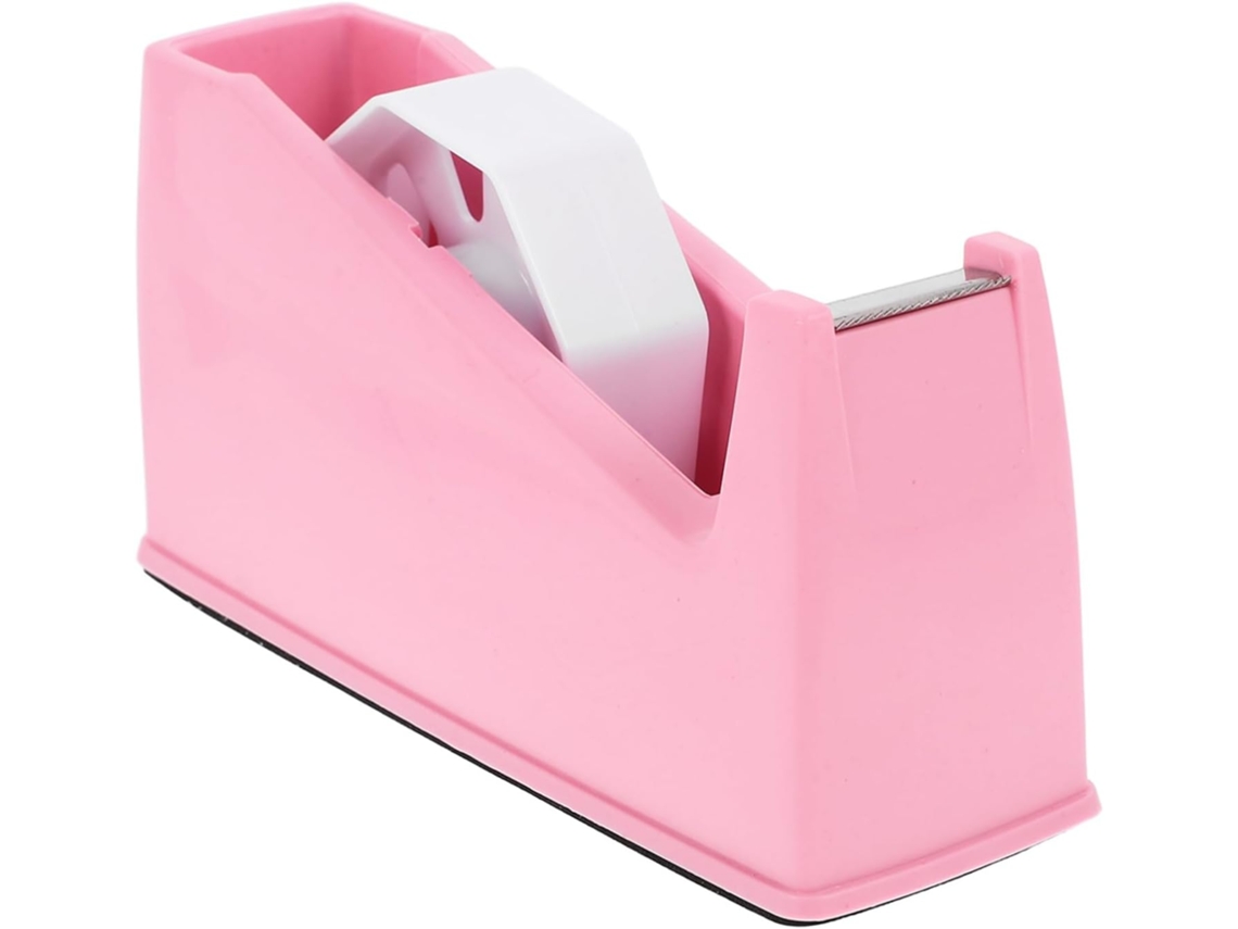 Dispensador de cinta adhesiva, cortador de cinta adhesiva con soporte y mecanismo móvil, de ABS rosa.