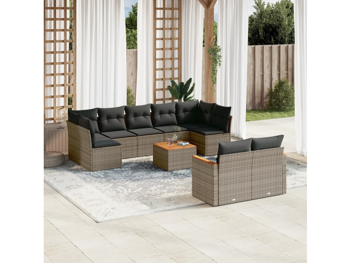 Conjunto de sofá de jardín de 10 piezas con cojines, ratán gris, DKD Home Decor