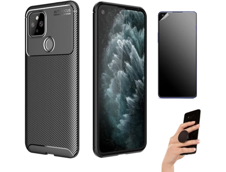 Kit Carcasa Y Protector Google Pixel 5 Ultimatte Rugged Leather Y Popsocket Negro