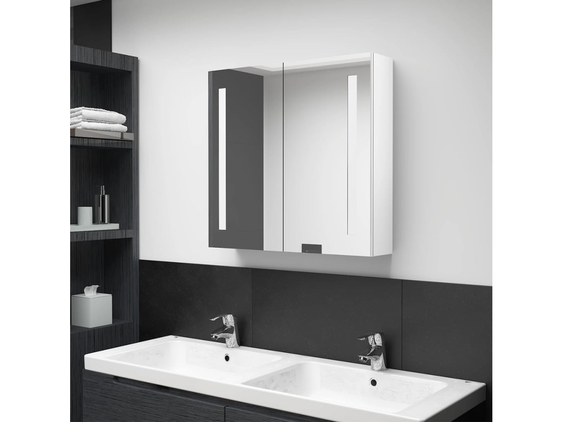 Armario De Baño Con Espejo Led Blanco Brillante 62x14x60 Cm