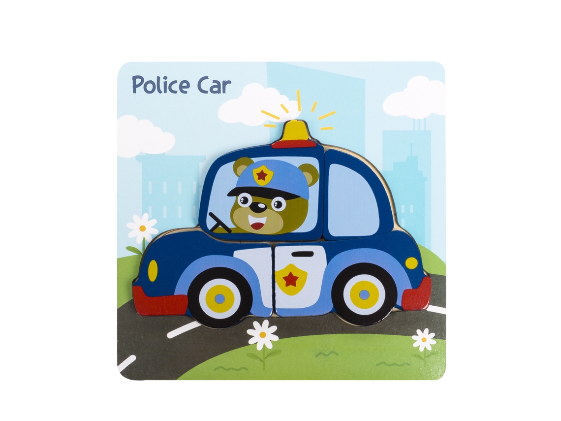 Rompecabezas de madera infantil de 4 piezas. Diseño de coche de policía. Presa.