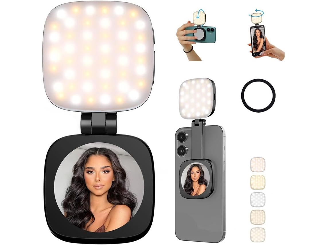 Luz Magnética Para Selfies Con Espejo Para Luz Led Recargable, 5 Temperaturas De Color, Plegable Y Portátil (negro)