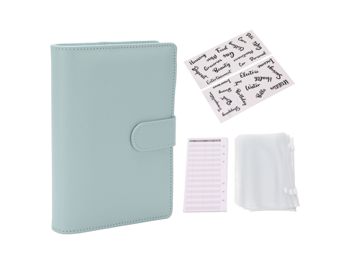 Cuaderno A6 de piel sintética con 12 hojas y 8 bolsillos transparentes con cremallera - Azul