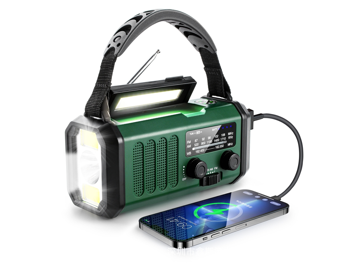 Radio de emergencia Viewleaf de 10 000 mAh con carga solar, manivela, dinamo, AM/FM/NOAA, linterna, alarma SOS y batería externa portátil.