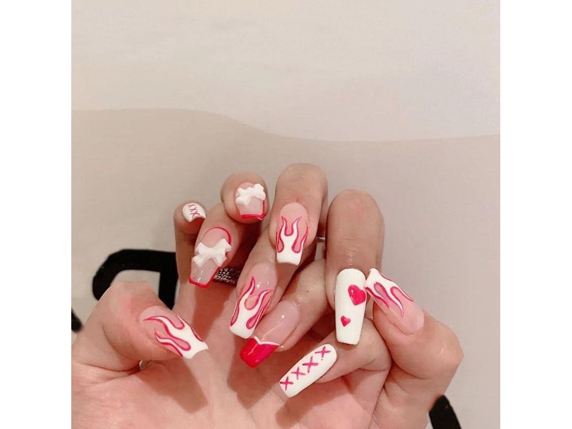 Uñas Postizas Para Hacer Tú Misma Con Diseño De Pato Mandarín, Llama Rosa Y Lazo - 24 Piezas Listas Para Usar