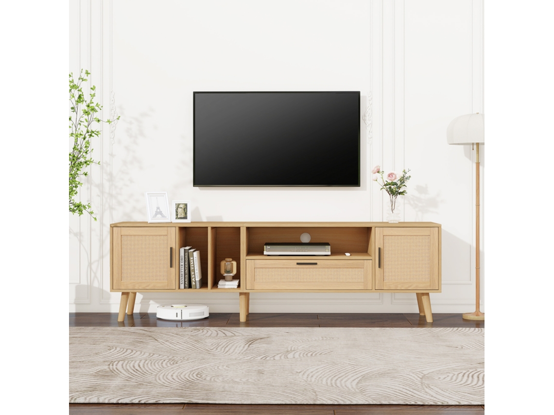 Mueble Tv De 180x40x54 Cm En Ratán, 2 Puertas + Cajón, Patas De Madera Maciza, Soporta Tv De 80", 3 Estantes, Gestión De Cables, Roble